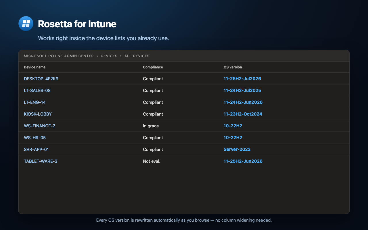 An Intune device list with the OS version column translated