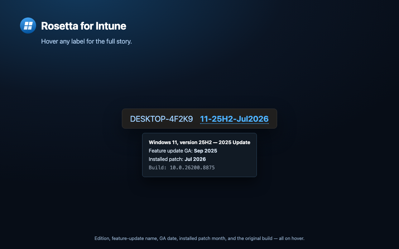 A hover tooltip showing edition, GA date, patch month, and raw build